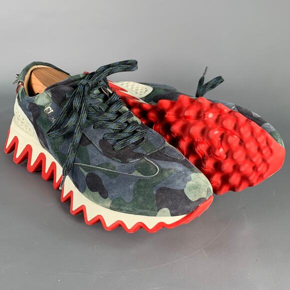CHRISTIAN LOUBOUTIN Size 12 Green Blue Camouflage Suede Red Sole Sneakers - Picture 5 of 11